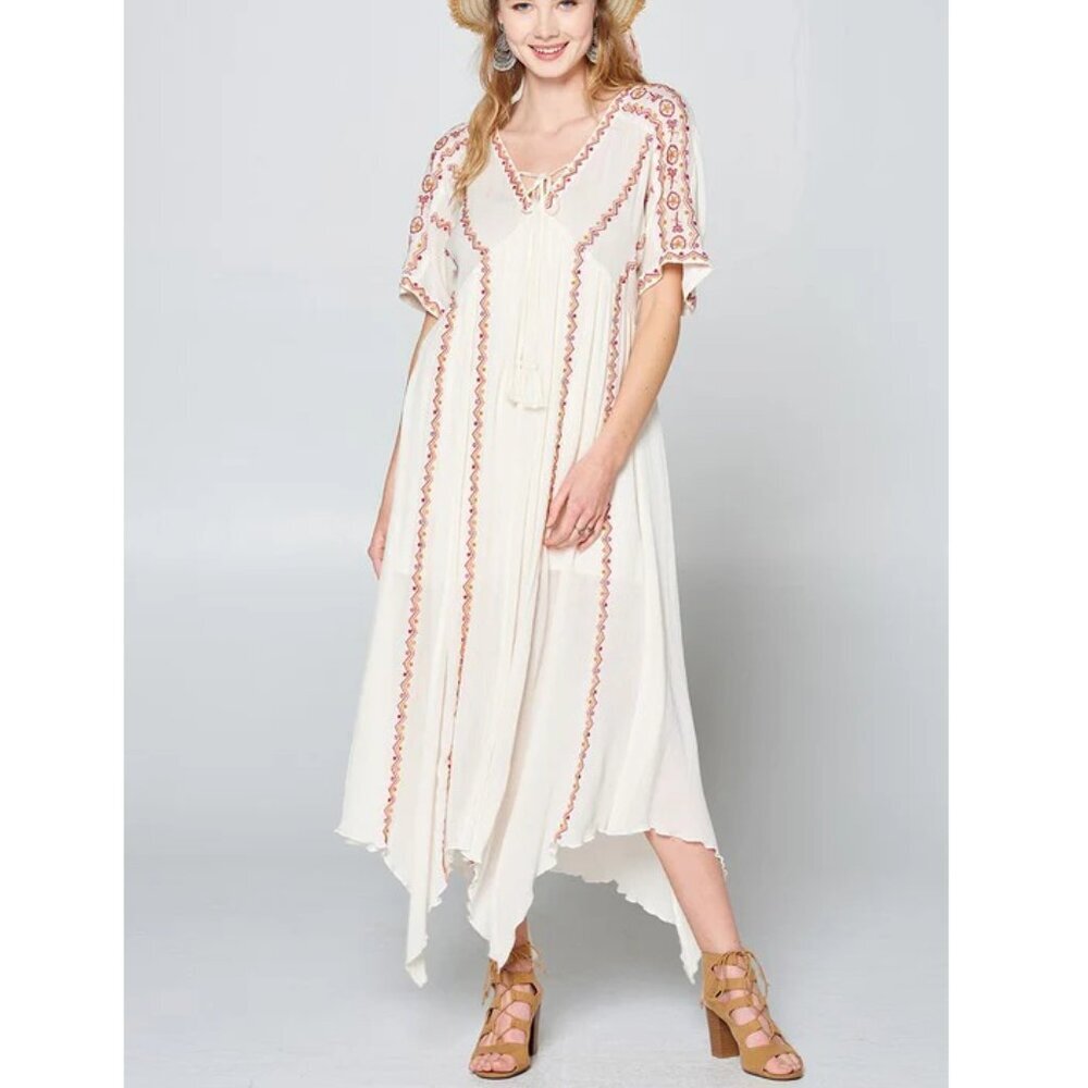 Oddi Women's 100% Rayon Handkerchief Hem Embroidered Bohemian Midi Dress